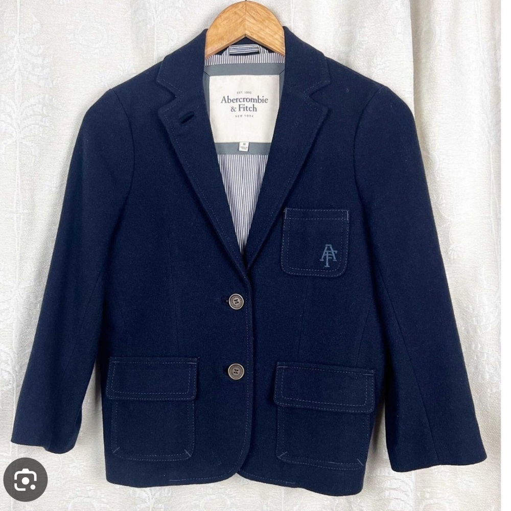 Abercrombie fitch wool blend blue blazer jacket size medium 3/4 sleeves crop
